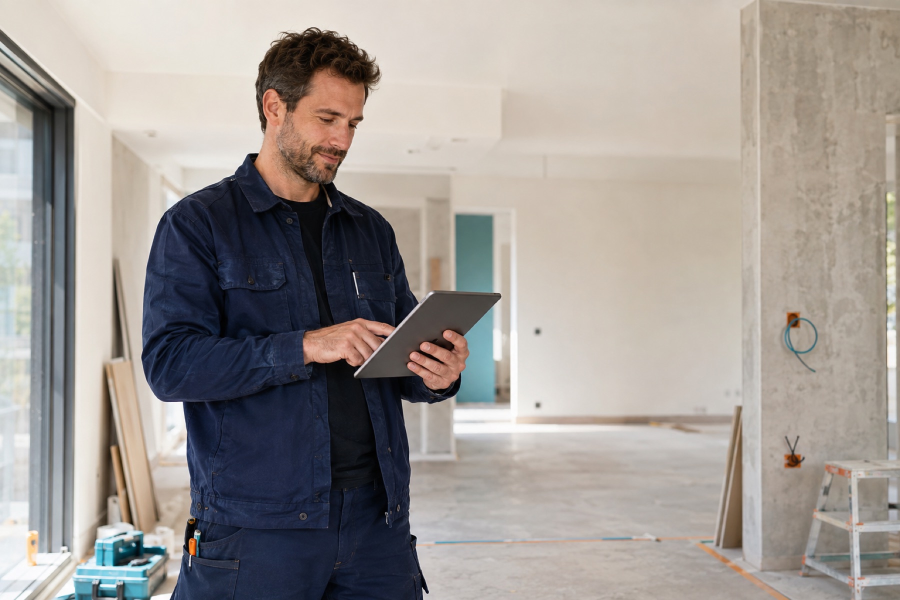 Artisan utilisant OUVLIO sur une tablette pendant un chantier